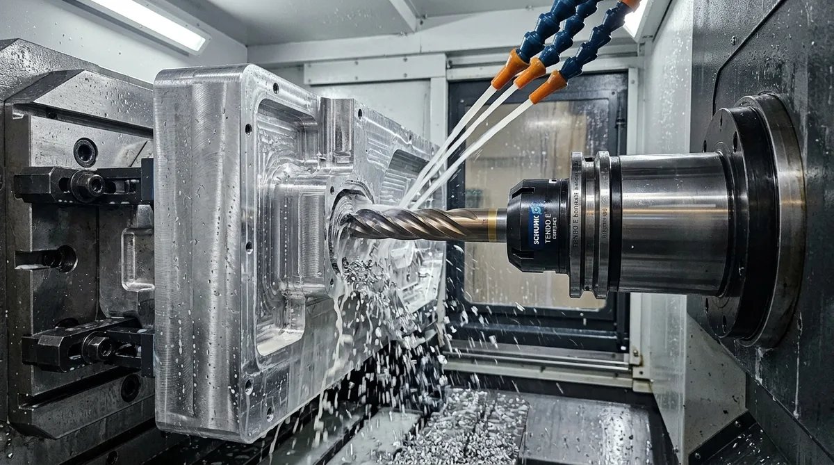 Extended-Reach Carbide Endmill in Hydraulic Toolholder Milling Aluminum - AS Prototypes