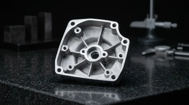 High-pressure die cast aluminum housing on granite inspection plate showing uniform walls and cored-out bosses to eliminate shrinkage porosity
