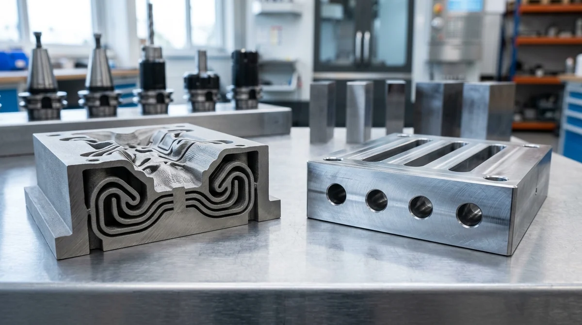 Additive Tooling: DMLS 3D Printed Steel Mold Insert with Internal Conformal Cooling vs Conventional CNC Mold