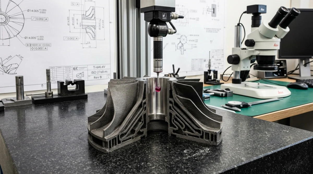 Precision Coordinate Measuring Machine CMM inspection of finish-machined DMLS metal additive manufacturing components on granite plate