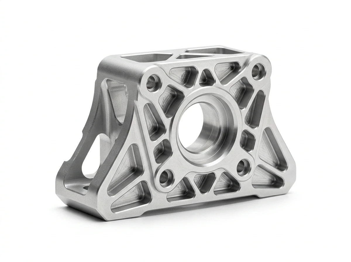 3-Axis CNC Milled 7075-T6 Aluminum Drone Motor Mount with Isogrid Pockets on Pure White Background