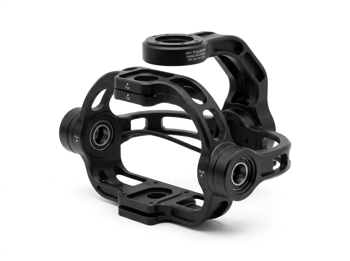 5-Axis CNC Machined Multi-Axis Drone Gimbal Yoke Camera Frame on Pure White Background