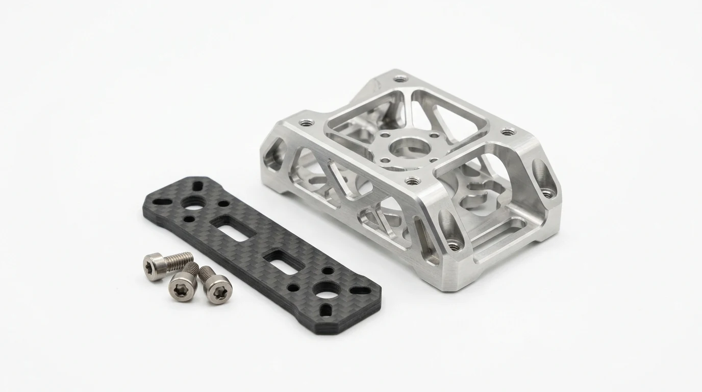 5-Axis CNC 7075 Motor Mount and 3K Carbon Fiber Plate on Pure White Background
