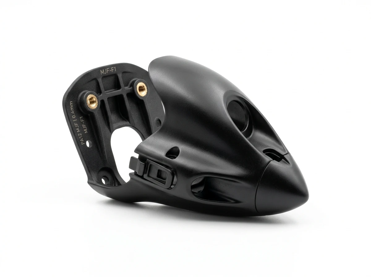HP MJF 3D Printed PA12 Black Nylon Drone Aerodynamic Nose Cone Fairing on Pure White Background