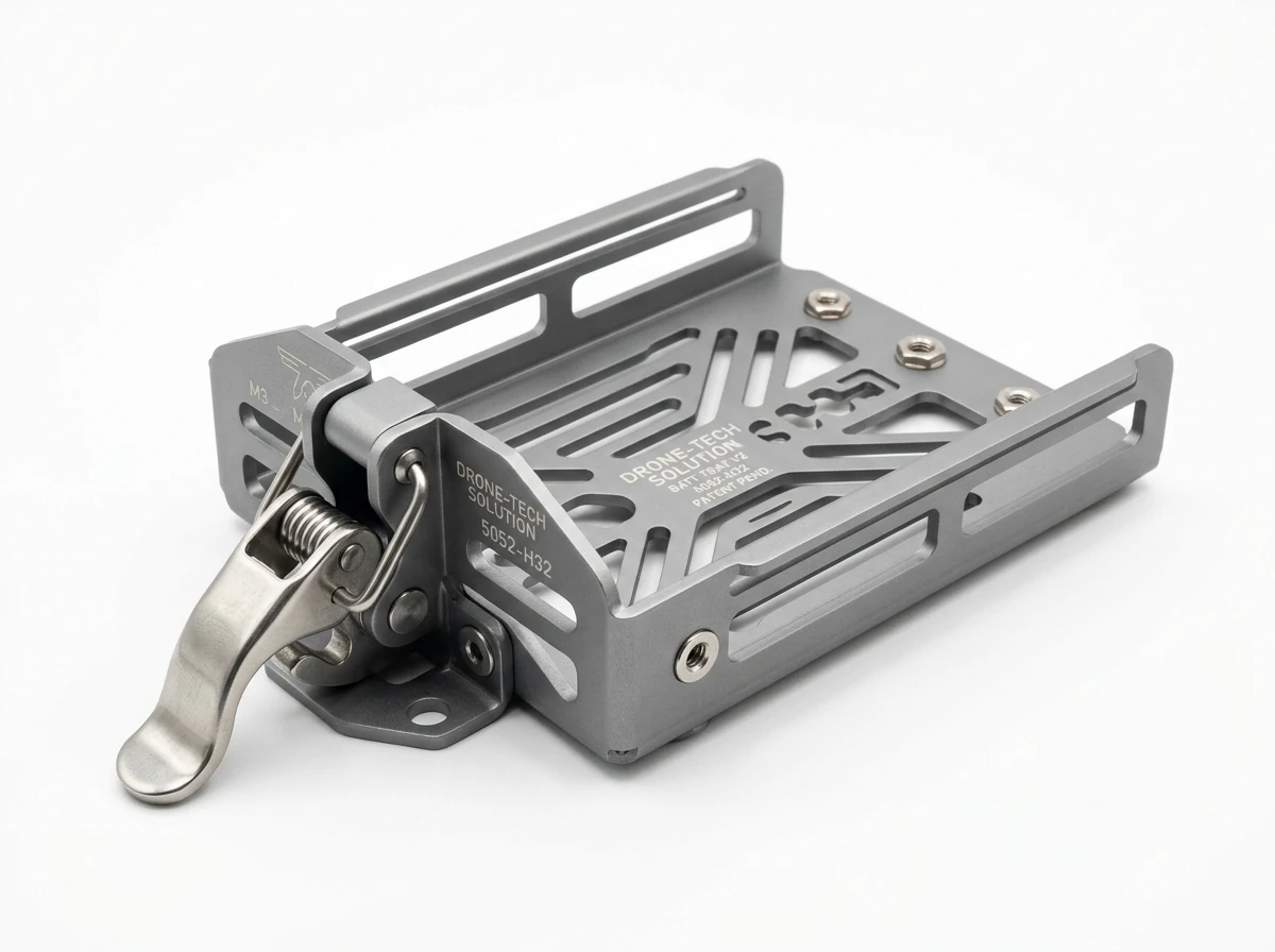 Precision Laser Cut and CNC Bent 5052 Aluminum Sheet Metal Drone Battery Tray on Pure White Background