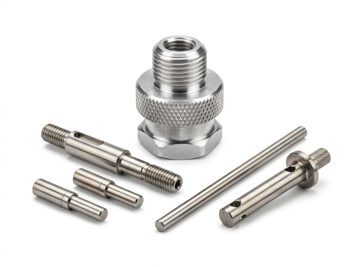 Swiss-Type Turned Propeller Adapter Hub with Threads and Titanium Motor Shafts on Pure White Background