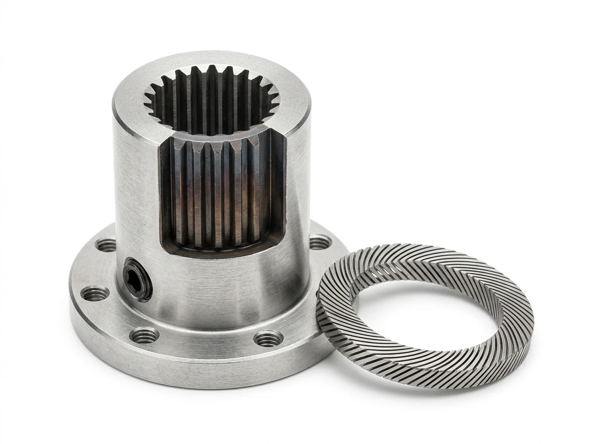 Wire EDM Cut Internal Involute Spline and Sharp D-Cut Keyway on Pure White Background
