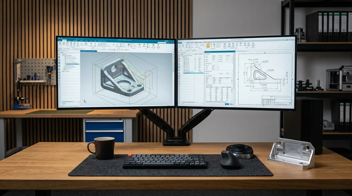 Professional dual-monitor CAM engineering workstation displaying 5-axis toolpath simulation alongside the physical CNC-machined aerospace prototype bracket
