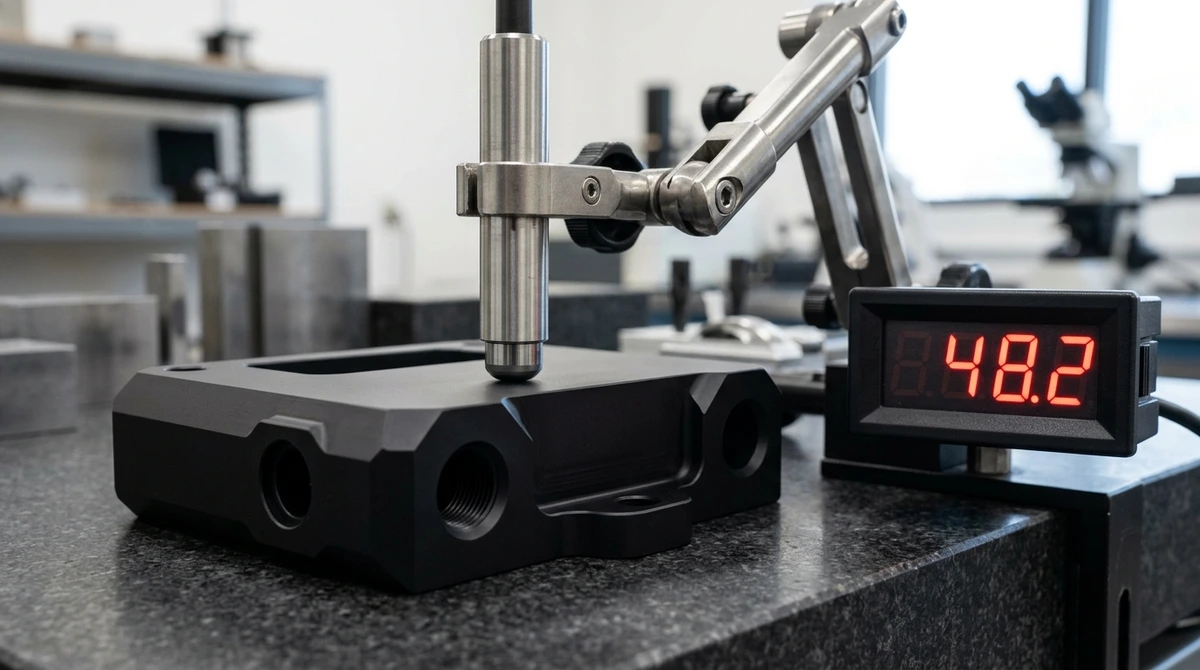 Automated metrology setup measuring hardcoat anodic oxide thickness on CNC manifold with electronic gauge