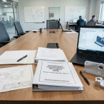 Comprehensive hardware engineering requirements document ERD binder and 2D drawing with CNC parts on conference table - AS Prototypes