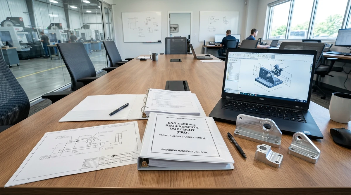 Comprehensive hardware engineering requirements document ERD binder and 2D drawing with CNC parts on conference table - AS Prototypes