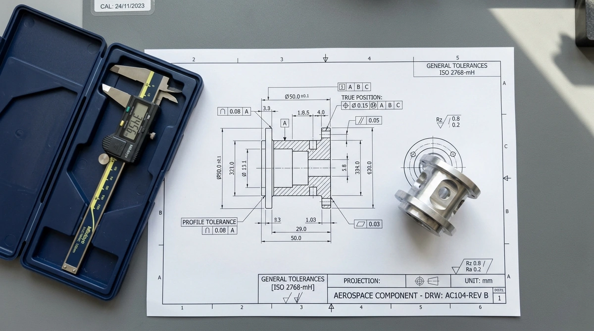 Detailed 2D engineering drawing blueprint displaying strict GDT datums true position and ISO 2768 tolerances - AS Prototypes