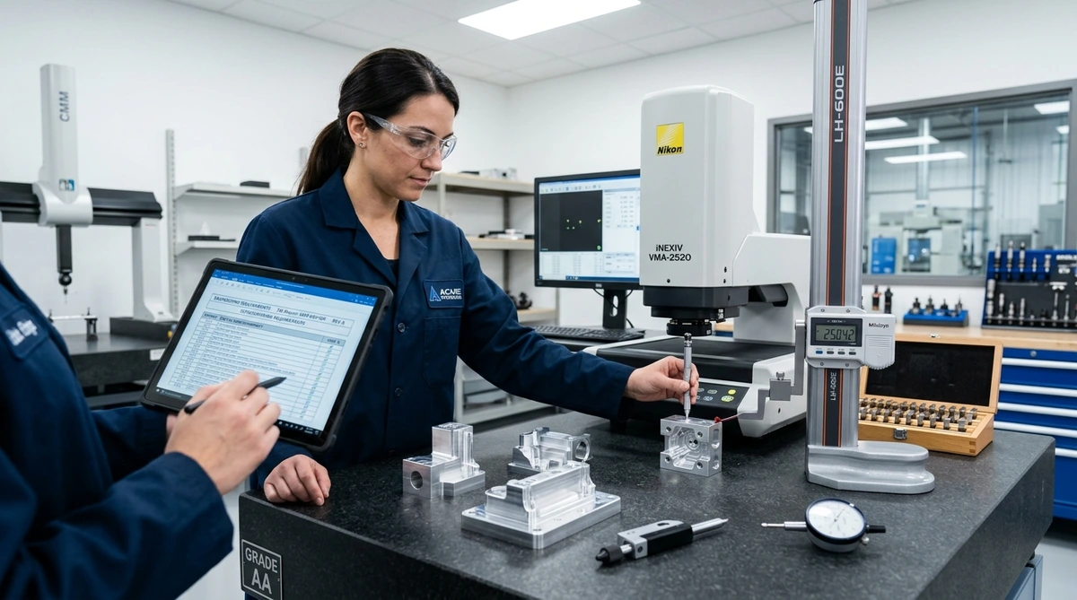 Quality engineer verifying CNC prototype parts against engineering requirements document checklist using video microscope - AS Prototypes