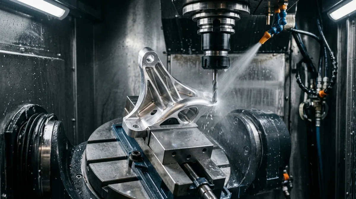 Five-axis CNC milling center performing high-speed 3D contour finishing on a compact aerospace bracket prototype with dynamic chatter suppression