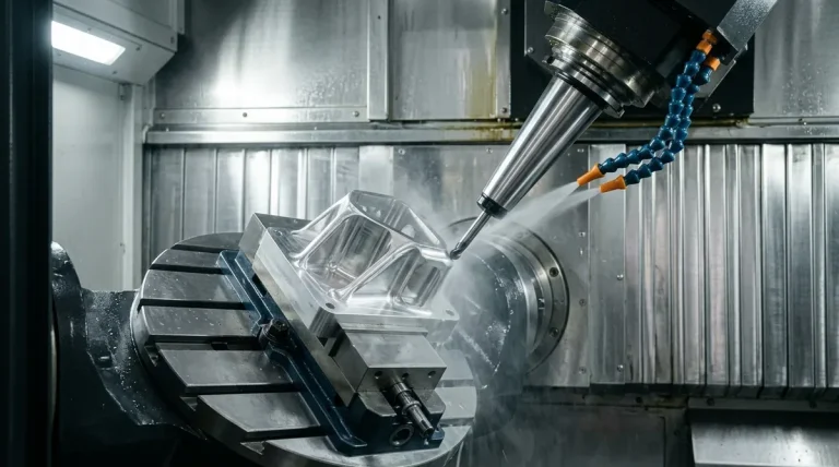 Simultaneous 5-axis CNC machining center with tilted trunnion table and rigid precision vise using a slender carbide ball-nose end mill for multi-angle aerospace contouring