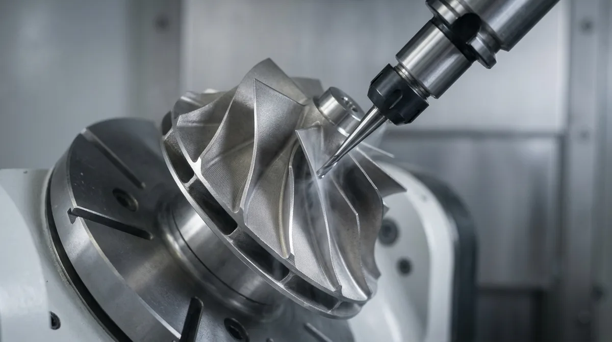 Simultaneous 5-axis CNC machining center using a slender micro-tapered ball-nose cutter for precision blade finishing on a titanium compressor impeller prototype