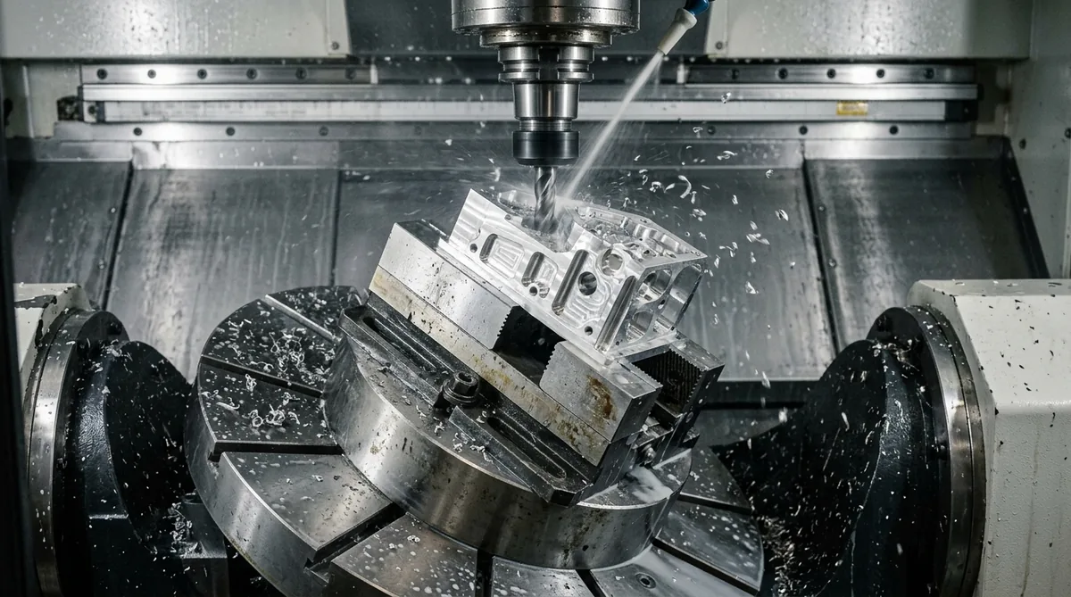 Simultaneous 5-axis CNC machining center with tilted trunnion table and elevated self-centering dovetail vise securing complex aluminum aerospace housing while rigid carbide flat end mill finishes multi-angle features