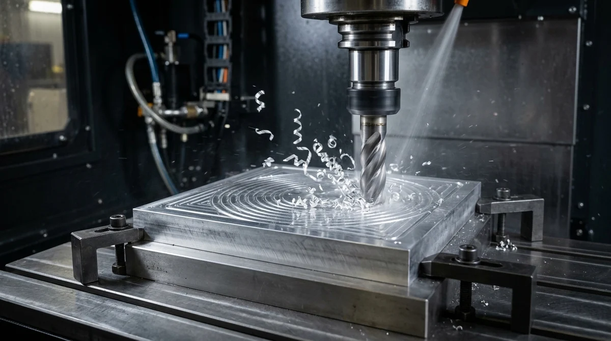 High-speed dynamic CNC milling of 7075-T651 aluminum block with flood coolant