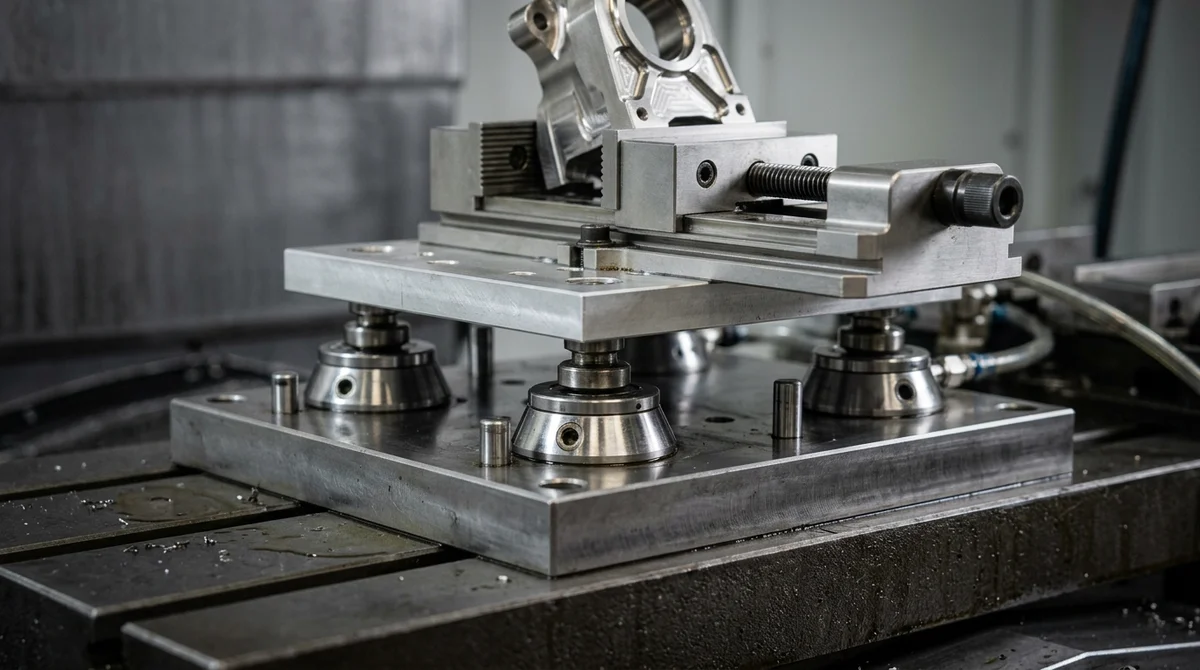 Ground modular zero-point clamping subplate with receiver chucks and precision machine vise holding aluminum steering knuckle component