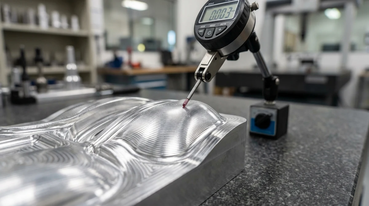 Surface roughness tester measuring Ra finish on 3D sculpted contour toolpath mold core