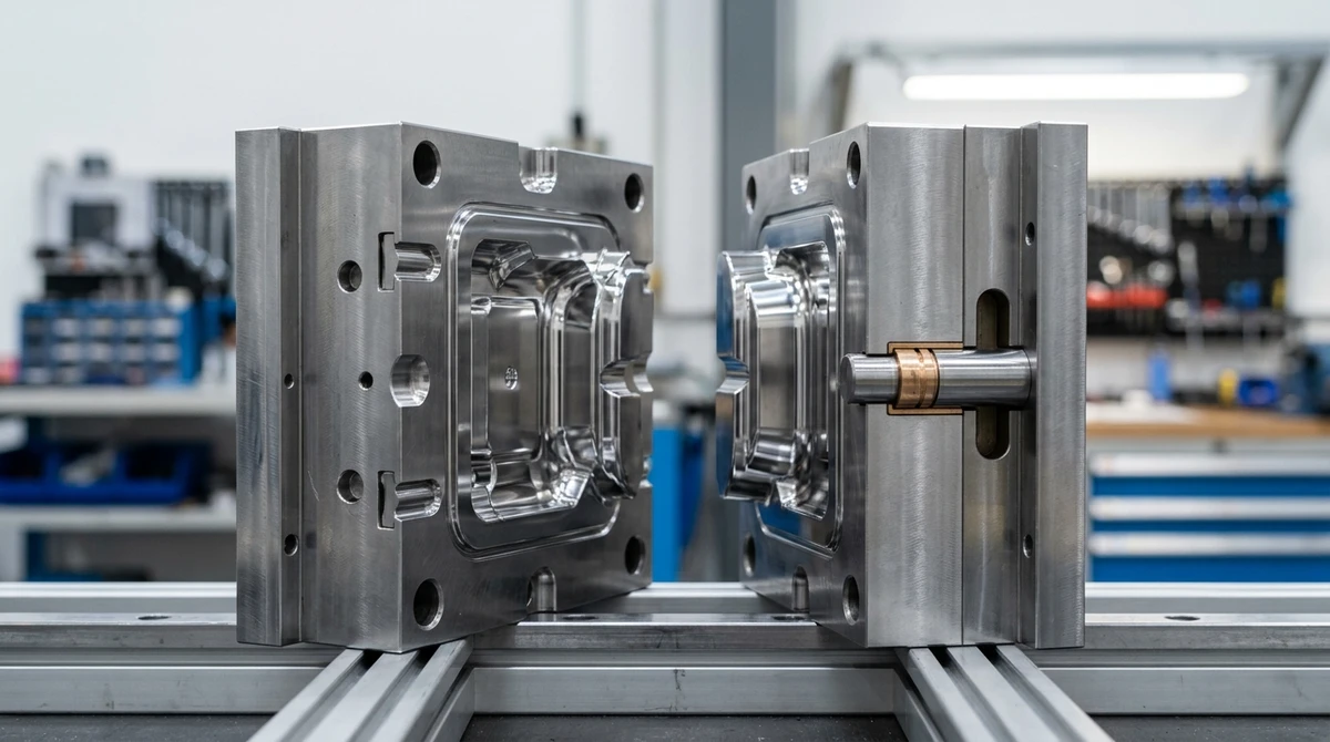 Injection Mold Tooling: Precision Matched Core and Cavity Insert Assembly with Guide Pillars