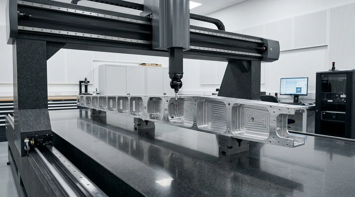 Precision bridge CMM ruby touch probe inspecting 5-axis CNC machined aerospace wing spar