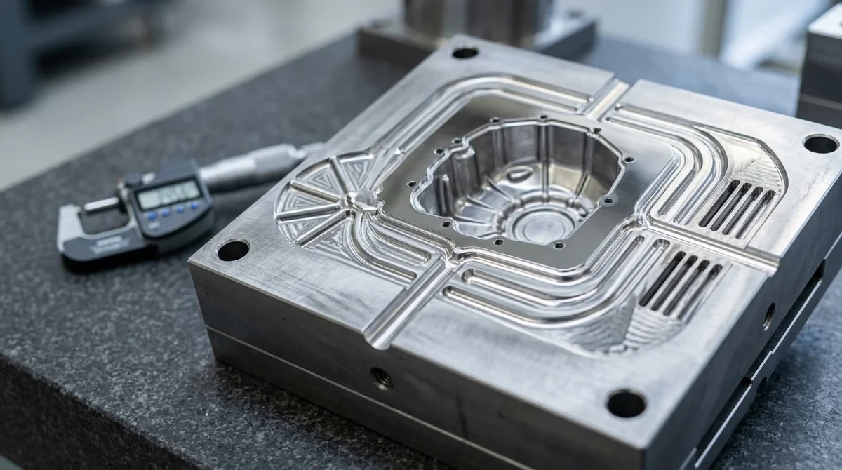 Hardened H13 tool steel die casting mold insert showing CNC milled runner gating and overflow chill blocks