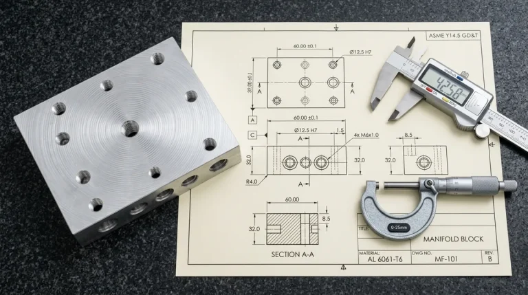 Hardware Engineering Requirements Document ERD flatlay with precision machined aluminum manifold, 2D technical drawing, and digital caliper on granite surface