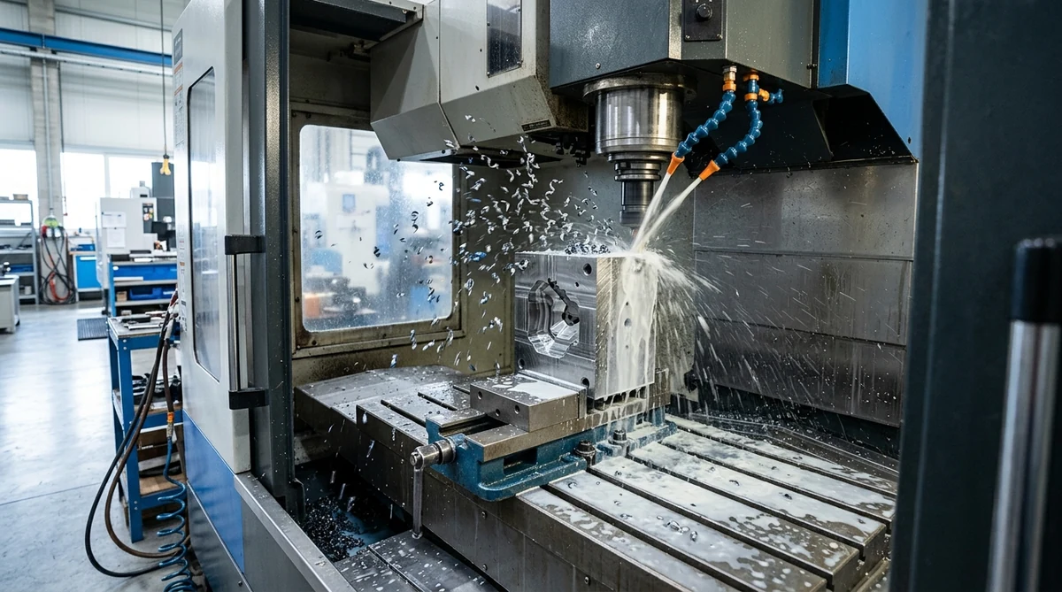Heavy-duty Vertical Machining Center VMC milling precision steel cavity with dual high-pressure coolant nozzles