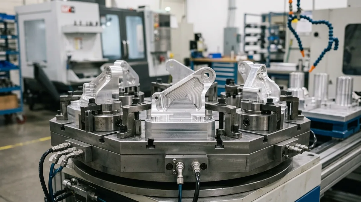 Multi-station CNC machining rotary pallet cell for rapid low-volume changeover