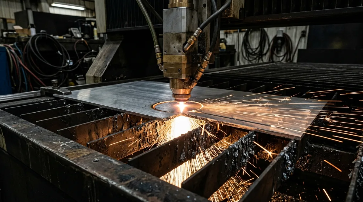High-power CNC fiber laser cutting aerospace aluminum avionics enclosure panel with spark shower