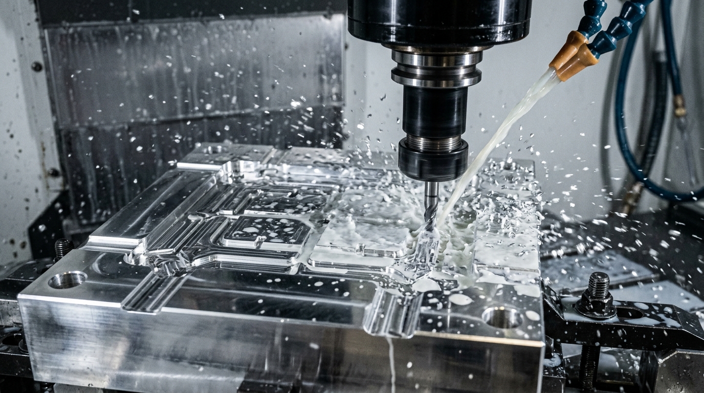 High-speed CNC milling of 7075-T6 aluminum injection mold cavity insert showing fine micro-finishing toolpaths