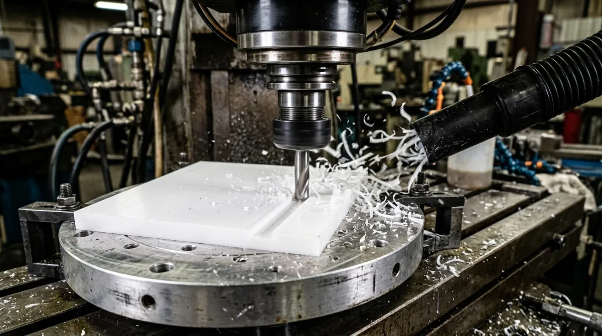 High-speed CNC milling machine face-slotting thin engineering plate held flat on precision vacuum chuck table without mechanical clamp distortion