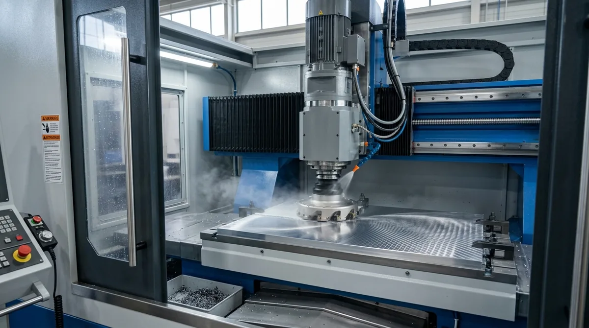 High-speed CNC face milling of large aluminum tooling plate using indexable shell cutter with flood coolant