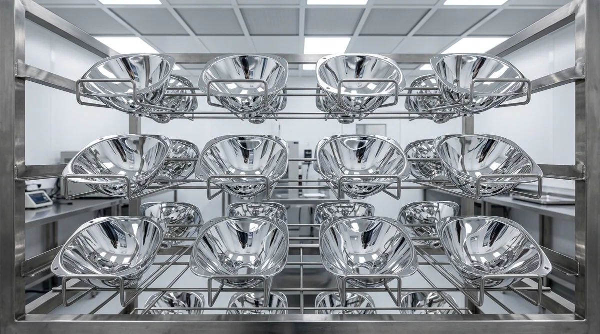 High-Vacuum PVD Aluminization Chamber Fixture with Multifaceted Headlamp Reflectors