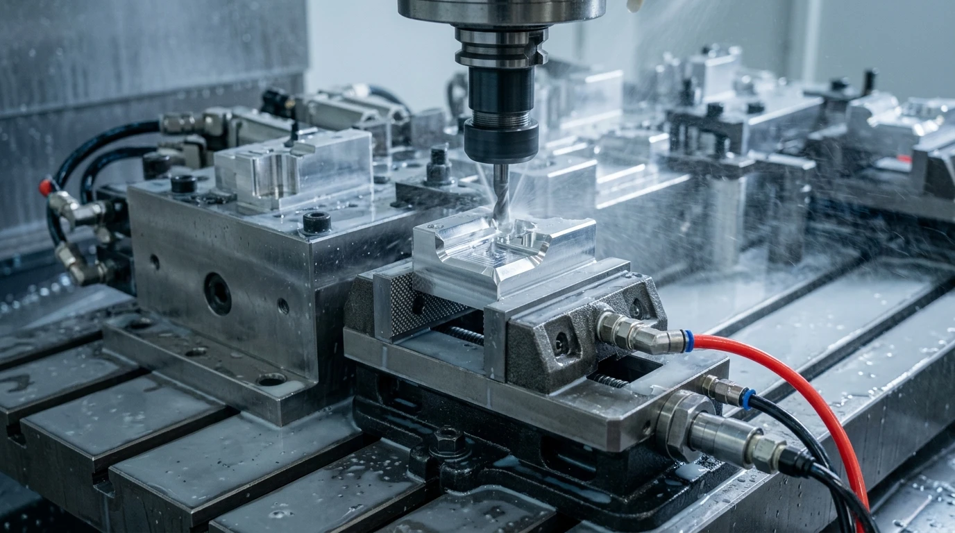 Automated pneumatic power clamping vise fixture mounted on CNC machine bed with quick-connect fluid lines for batch production of aluminum components