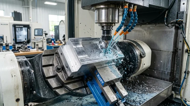 5-axis CNC milling machine center actively machining aerospace aluminum billet - AS Prototypes