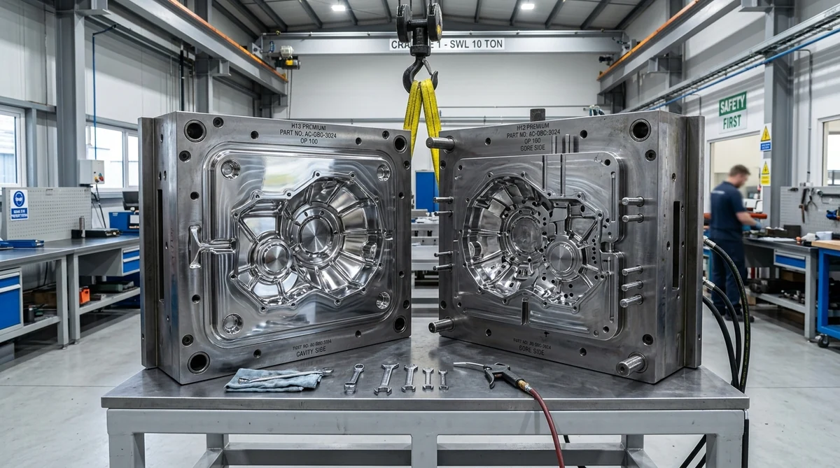Hardened H13 tool steel die casting mold assembly showing precision cavity halves and runner gating - AS Prototypes