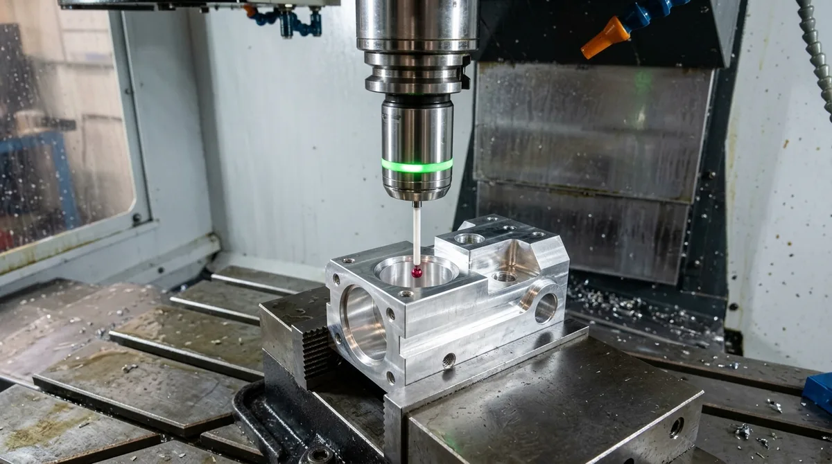 In-spindle wireless touch probe measuring critical datum bore on a precision aluminum manifold to verify thermal expansion offsets and maintain tight tolerances