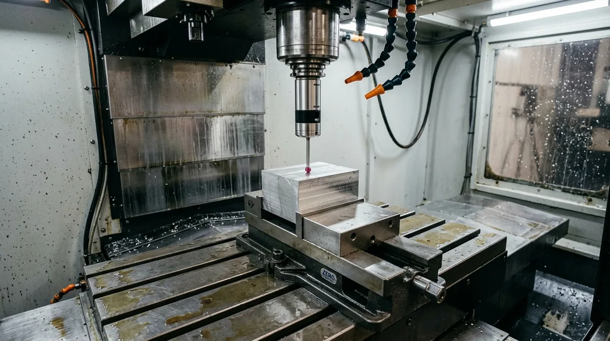 Wireless optical touch probe in CNC spindle with ruby stylus tip verifying workpiece datum plane and part alignment before precision machining