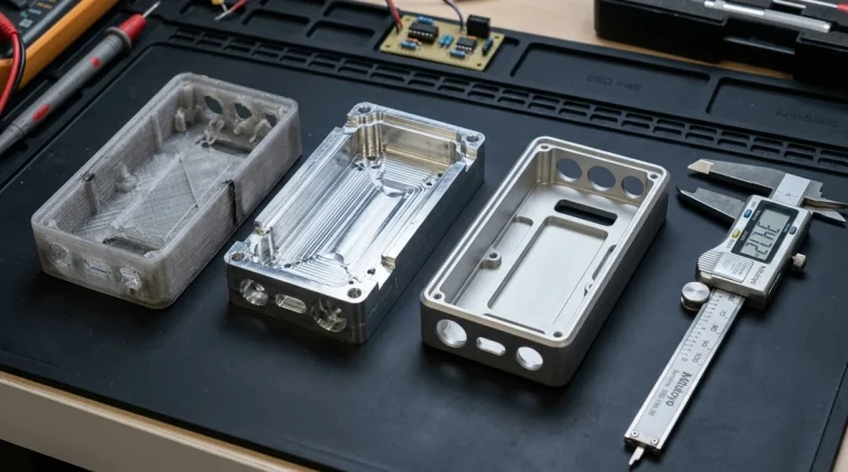 Three-Stage Industrial Concept Models Showcase from 3D Printed Mockup to Finished Anodized Aluminum Enclosure