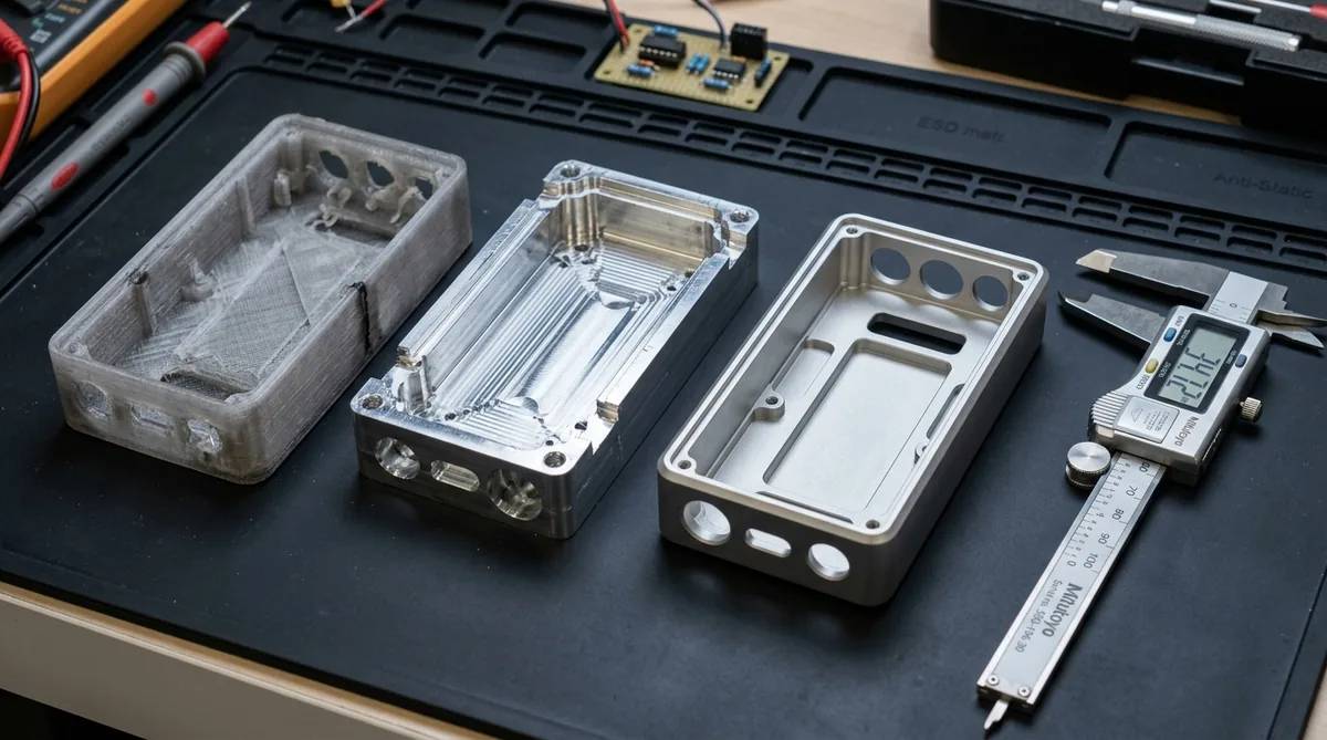 Three-Stage Industrial Concept Models Showcase from 3D Printed Mockup to Finished Anodized Aluminum Enclosure