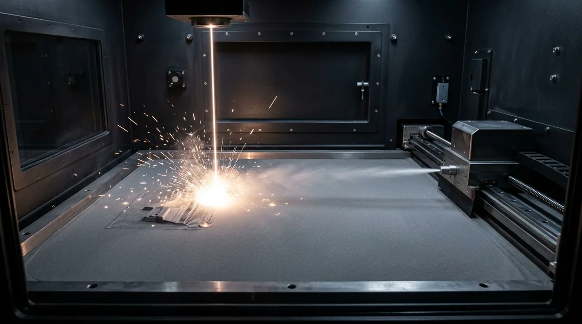Industrial metal DMLS powder bed fusion build chamber with laser melt pool and parked recoater blade in argon atmosphere