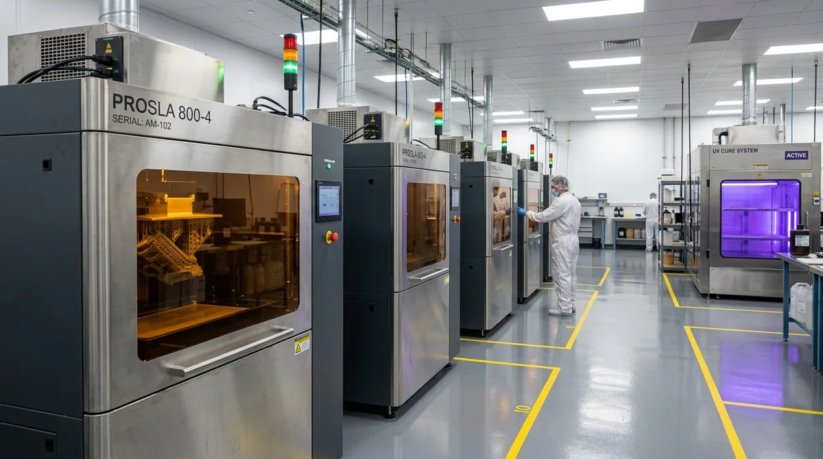 Industrial SLA 3D Printer Production Fleet and Post-Cure Cleanroom Center
