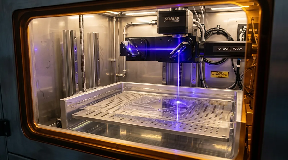 Top-down 355nm UV laser scanning liquid photopolymer resin vat inside industrial SLA 3D printer