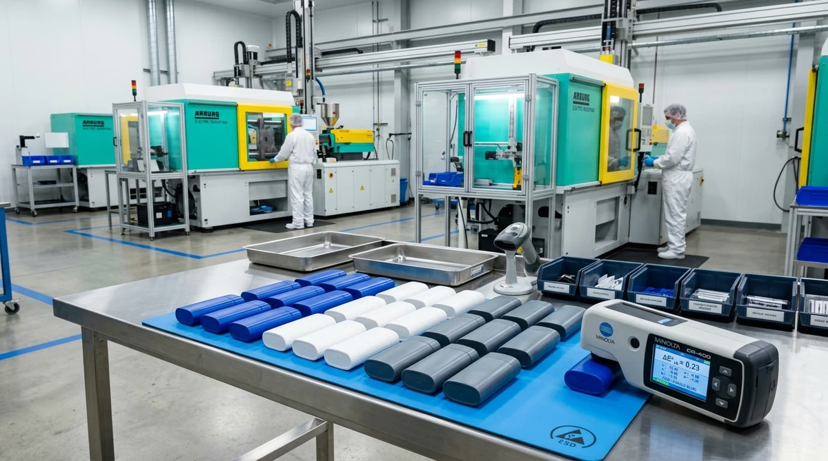 Cleanroom injection molding inspection bench displaying precision color matched plastic parts and spectrophotometer - AS Prototypes