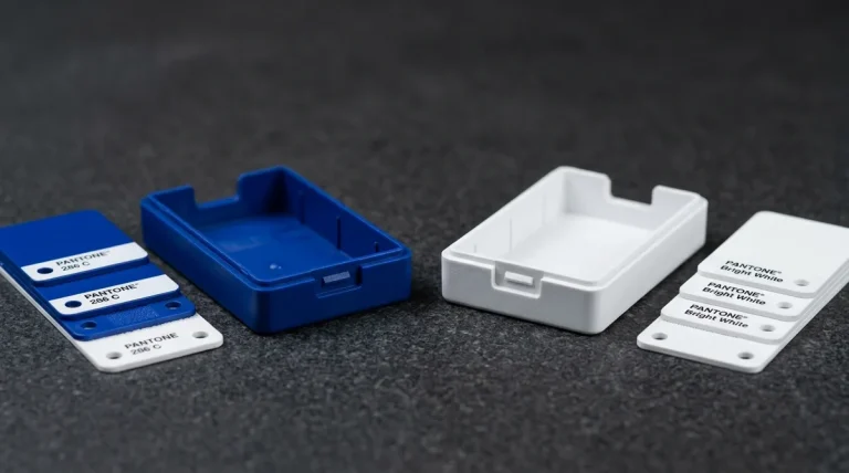 Precision injection molded ABS enclosures in cobalt blue and arctic white aligned with Pantone plastic stepped color reference plaques on granite table