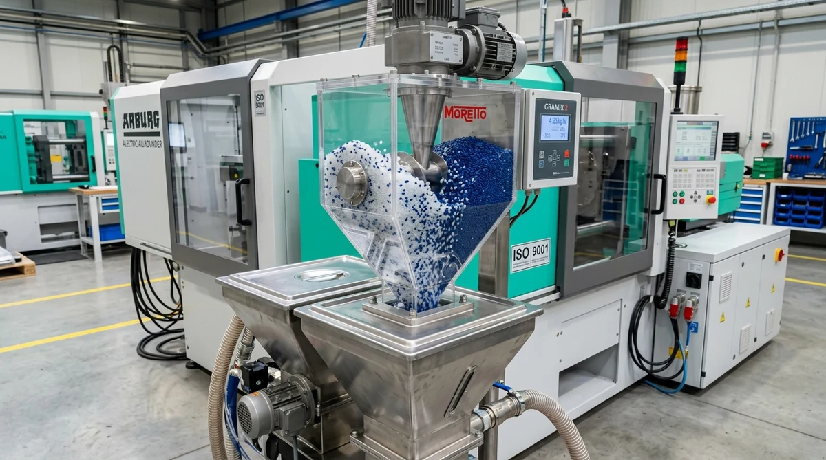 Automated gravimetric masterbatch dosing blender on injection molding hopper mixing polymer resin pellets - AS Prototypes