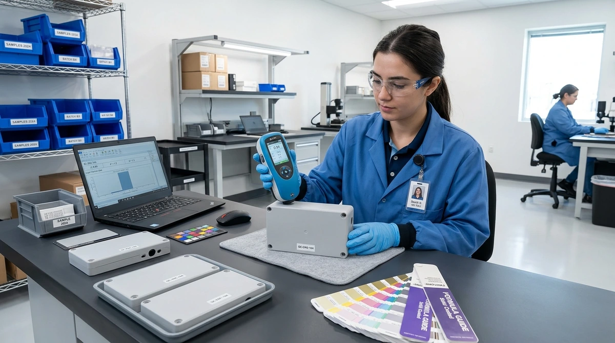 Quality inspector testing chromaticity of injection molded plastic enclosure with digital spectrophotometer - AS Prototypes
