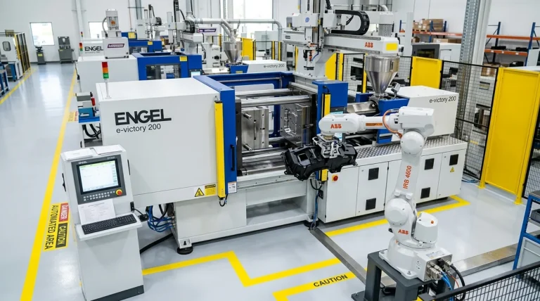 Modern injection molding cell showing precision tooling and robotic part handling - AS Prototypes